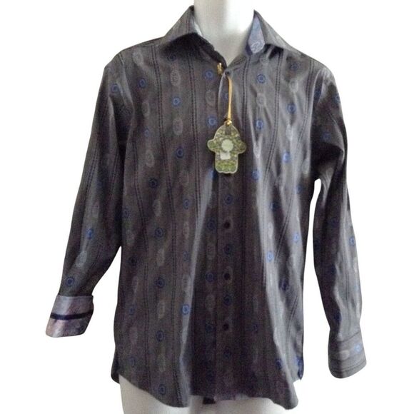 Visconti Shirt Mens Small Gray Blue Striped Medalions Flip Cuffs Business Casual - Picture 1 of 4